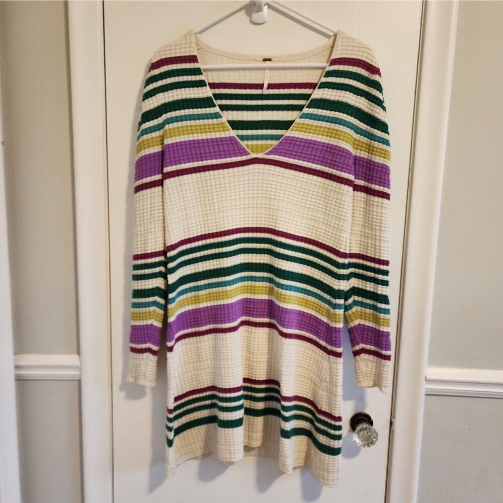 Free People Size Small Sweater Dress Ivory Gidget Stripped Ribbed Retro Printed